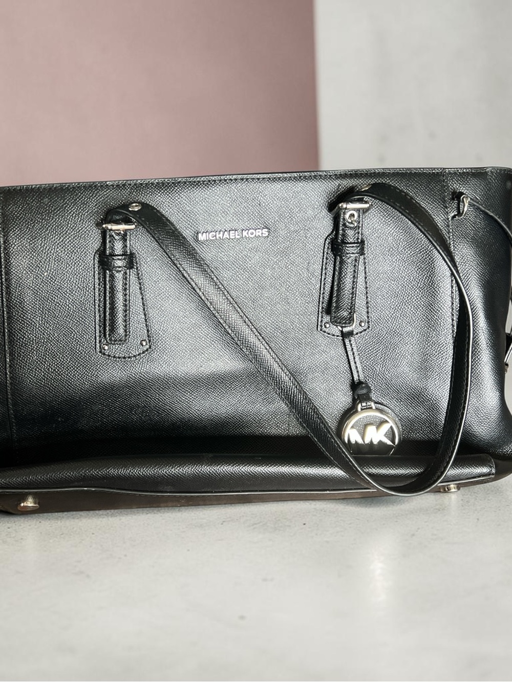 Michael Kors Black Saffiano Leather Tote with MK Pendant